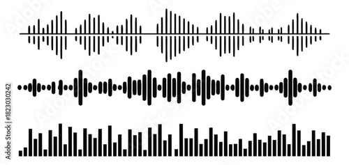 Collection of audio wave spectrum lines of varying amplitudes frequencies and styles isolated on background for creating sound visuals illustration. 