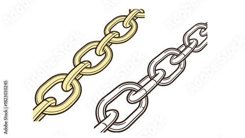 Set of vector chain designs including golden and silver with different angles for creating realistic illustrations related to metal vector elements. 