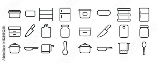 Minimalist kitchen utensil and container outline icons set