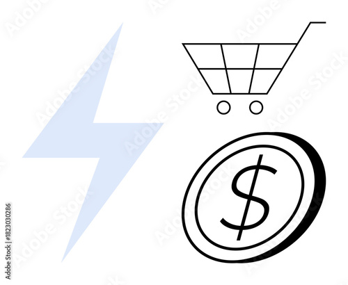 Lightning symbolizes energy, shopping cart represents commerce, and dollar coin signifies finance. Ideal for e-commerce, energy solutions, economic growth, digital payments, retail, savings