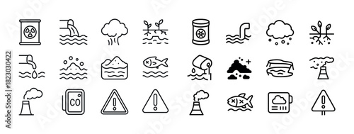 Environmental pollution icons: water, air, hazard symbols