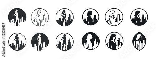 Silhouette icons of women against city skyline backdrops in various poses