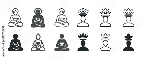 Mindfulness icons: meditation and balance with lotus and tea symbols