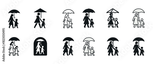 Vector icons of adults and children holding umbrellas in various styles