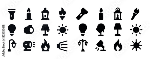 Collection of lighting icon set featuring bulbs candles lanterns and torches
