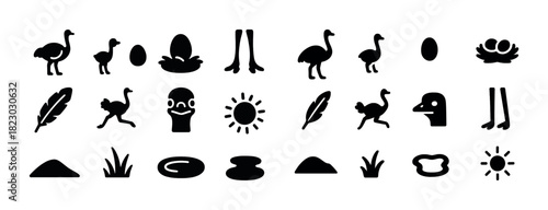 Ostrich icons set: silhouettes of birds, eggs, and nature elements