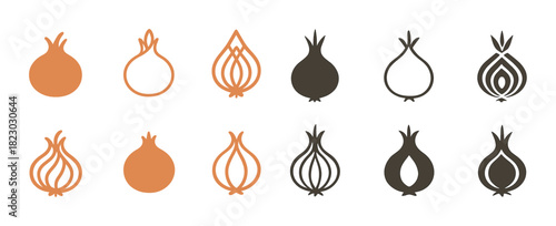 Set of onion icons in orange and brown tones