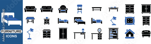 Furniture Icons Set Blue and Black Color Scheme sofa armchair