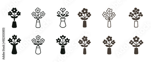 Variety of black and white floral icons in vases