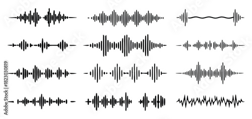 Compilation of rhythmic sound waveforms on a transparent surface precisely characterizes here vector illustration. 
