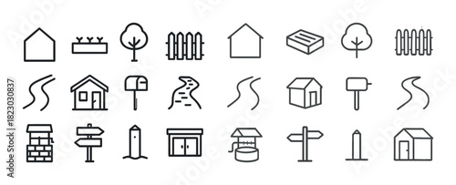 Simple line art icons of buildings, trees, and signposts in black and white