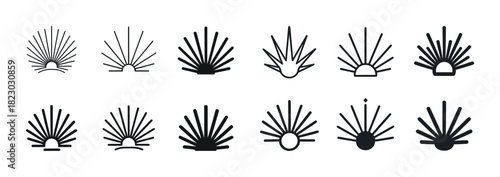 Collection of sunrise and sunset sunburst icons in black and white