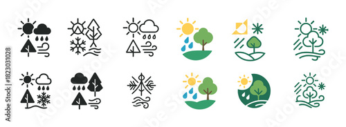 Set of four seasons icons depicting nature elements with sun, rain, snow, and wind