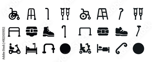 Accessible mobility aids icons set: wheelchairs, walkers, crutches, scooters, beds