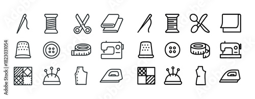 Sewing icons set: needles, scissors, thread, sewing machine, fabric and more