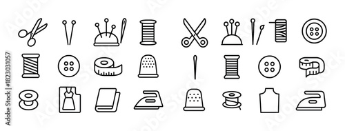 Sewing tools icons: scissors, needles, thread, buttons, thimbles, iron