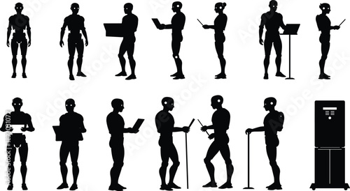 Humanoid robot silhouettes, black and white, futuristic AI, technology interaction, laptops, tablets, podium, machine operation, robotics illustration, innovation