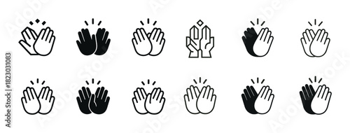 Set of diverse hand clapping icons in black and white