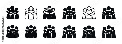 Diverse group hug icons set for teamwork and unity concepts