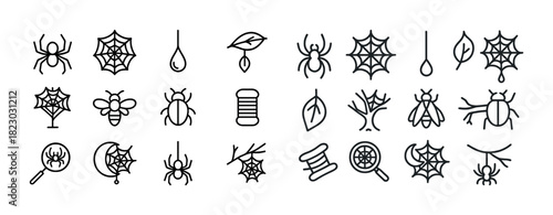 Collection of insect and nature icons including spiders, webs, leaves, and bugs