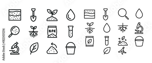 Essential gardening tools and elements icons set