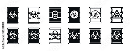 Set of biohazard barrel icons in various styles for hazardous materials