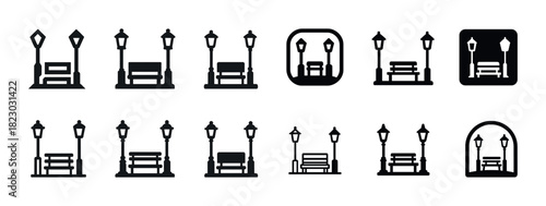 Street bench and lamp icons collection in various styles