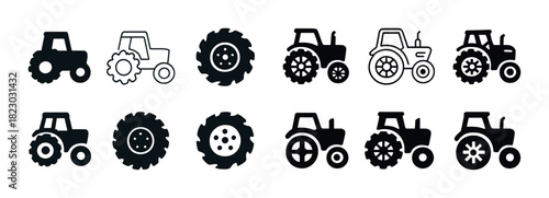 Set of farm tractor and wheel icons in various styles