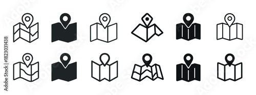 Collection of map icons with location pins in simple outline and solid styles