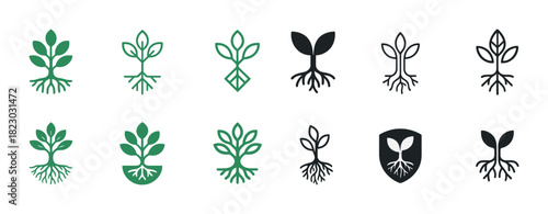 Collection of abstract plant icon designs with roots symbolizing growth and nature