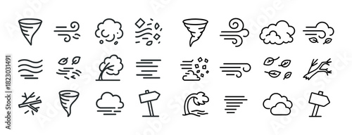 Weather icons collection: wind, cloud, tornado, tree, sign, wave, direction