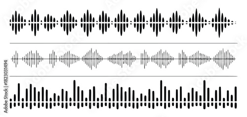 Audio wave set modern equalizer element graphic design vector illustration. Sound voice frequency signal technology recording electronic waveform concept. 