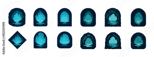 Blue ocean caves collection: icon set with reflections and shadows