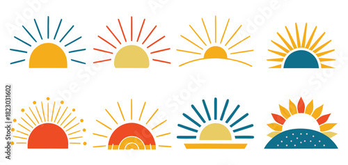 Set of eight rising sun logo designs in hipster style, minimal geometric sunrise logo emblem, travel agency, summer creative concept
