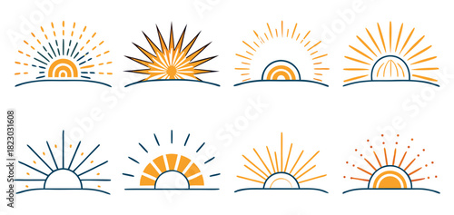 Set of eight rising sun logo designs in hipster style, minimal geometric sunrise logo emblem, travel agency, summer creative concept.