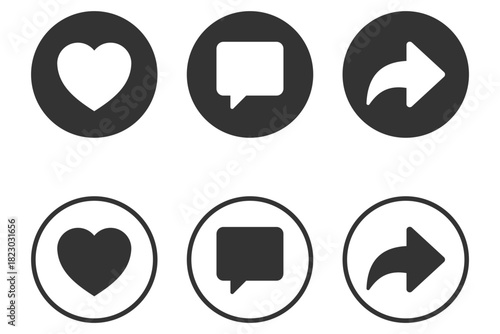 Social media action icons (heart, comment, share) : Social media interaction icons set: Heart Like, Comment, and Share in black and white styles. perfect for social media interfaces and app controls