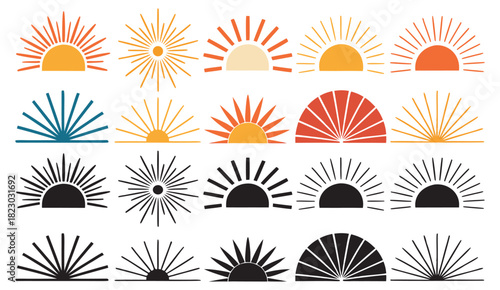 Set of fifteen rising sun logo designs in hipster style, minimal geometric sunrise logo emblem, travel agency, summer creative concept.