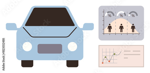 Blue car alongside demographic and performance charts, highlighting automotive market trends. Ideal for business analysis, market research, data visualization, automotive industry, economic trends