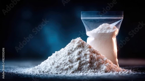 White powdery substance spills from a plastic bag and forms a mound on a dark surface