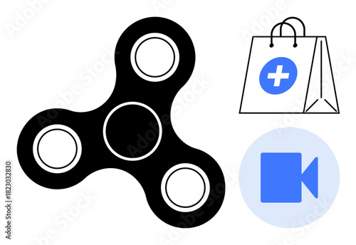 Black fidget spinner next to a shopping bag featuring a medical cross and a blue video play icon. Ideal for healthcare, relaxation, e-commerce, wellness, entertainment, minimal design, simple flat