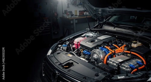 Fototapeta Naklejka Na Ścianę i Meble -  Modern car engine under open hood in garage. Hybrid electric vehicle motor detail with orange high voltage cables. Copy space for text