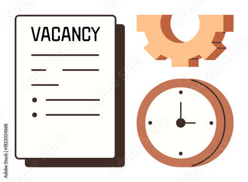 Vacancy paper, gear cog, and clock representing job opportunity, time management, productivity, workforce planning, career development, recruitment and efficient decision-making. Simple flat