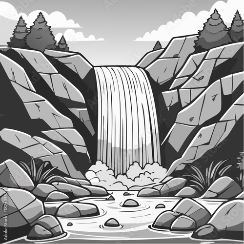 Monochromatic Waterfall Landscape with Rocks and Trees.