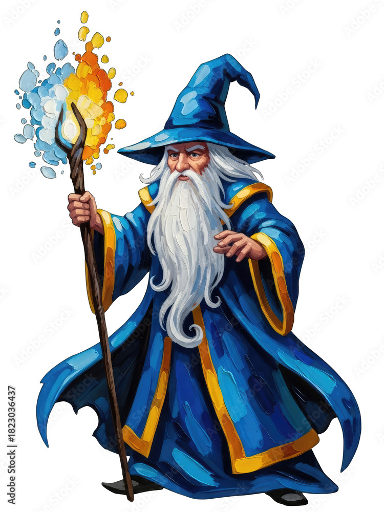 Fototapeta premium Powerful Wizard Casting a Spell with Magical Staff.