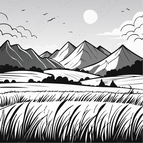 Monochrome mountain landscape with grassy field.