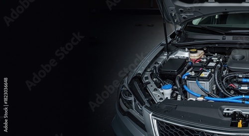 Car engine bay with open hood and blue hoses. Automotive maintenance and repair concept. Copy space on black background