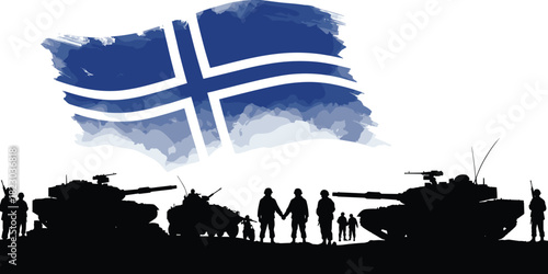 Iceland military illustration, silhouette soldiers, tanks and jets, defense concept art, Iceland flag background, alliance forces, war scene, national unity designIceland military illustration