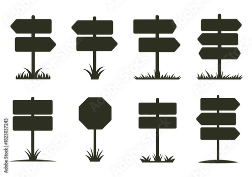 Silhouette Signpost and Directional Arrow Icons – Vector Navigation Symbols, Wayfinding Elements, Road Sign Graphics, Guidepost Silhouettes for Maps, Travel Apps, and Instructional Designs