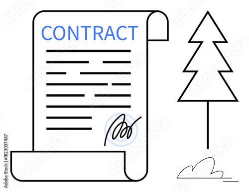 Signed contract scroll with a tree icon representing environmental responsibility, legality, and agreement. Ideal for sustainability, business, eco-policy, conservation, contracts, legal obligations