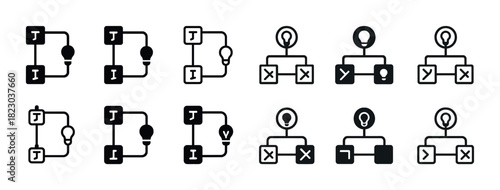 Set of logic gate icons with bulb and flowchart design elements